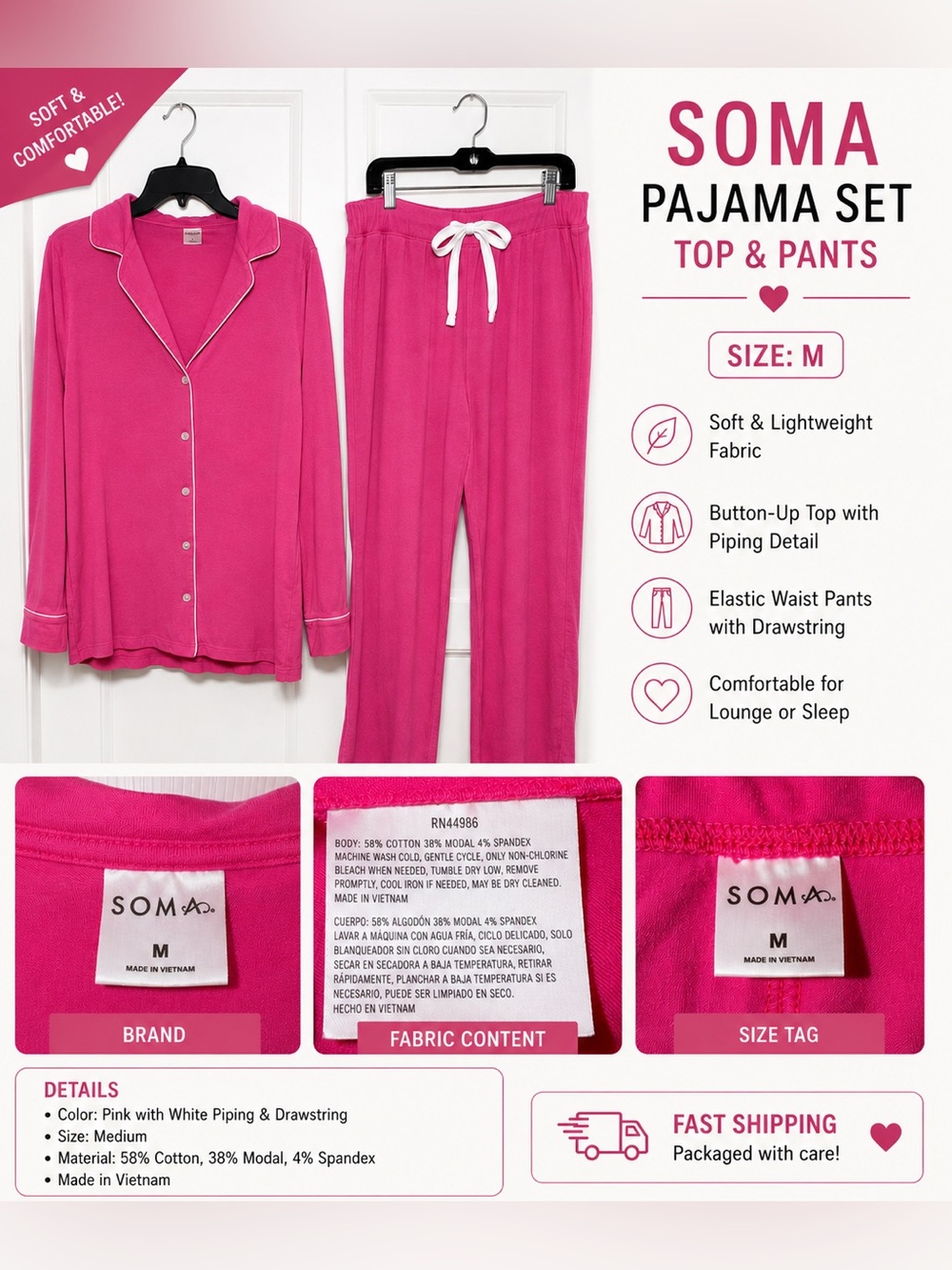 Soma Pink Modal Pajama Set Medium Button Front Lounge Sleepwear